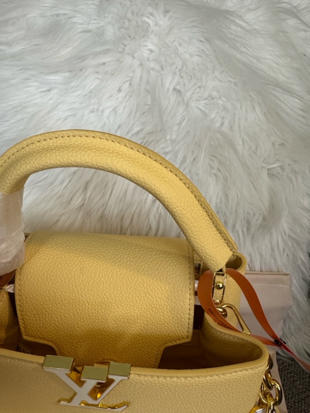 Bag yellow top Handle Satchel with Pink Chain Accents - Picture 4 of 14